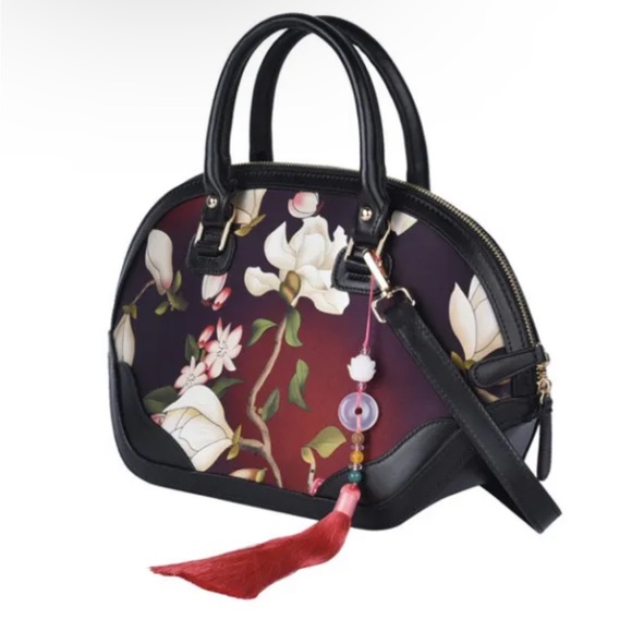 Shanghai Designer Closeout Dark Purple Flower Pattern Brocade Mulberry Silk Tote - Picture 2 of 4